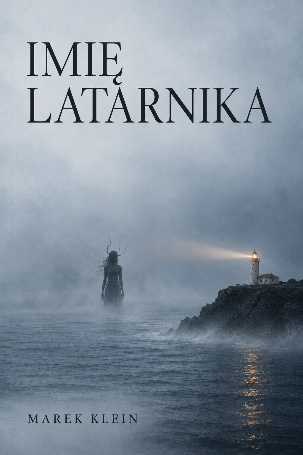 Imię Latarnika — Marek Klein. Okładka z latarnią morską i postacią we mgle.